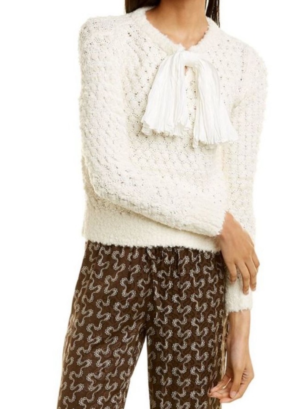 Rebecca Taylor Bow Wool and Alpaca-Blend Boucle Sweater Ivory Size Small